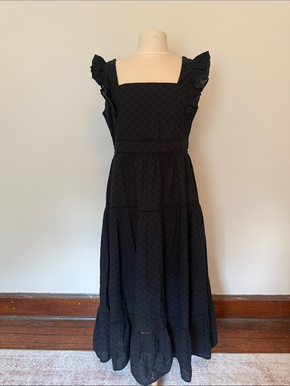 Ann Taylor Black Eyelet Square-Neck Maxi Dress with Ruffle Straps